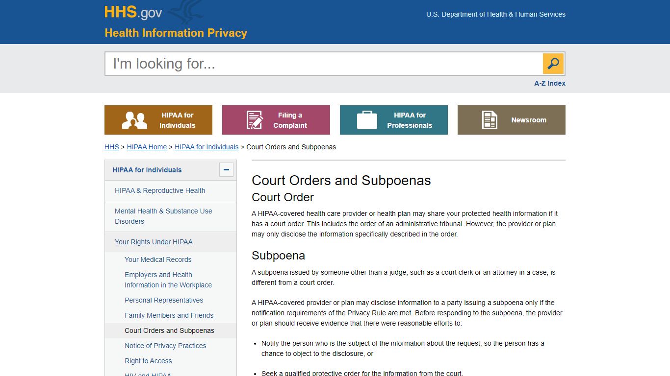 Court Orders and Subpoenas | HHS.gov